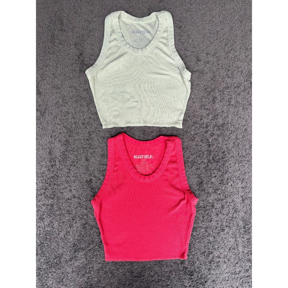 Lot Of 2 Katiej Nyc Ribbed Tank Top Women XS Green Pink Rayon Stretch